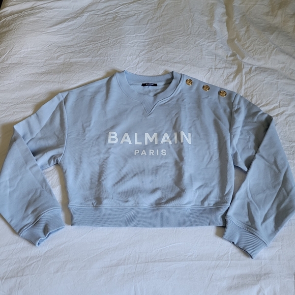 Balmain 3 Gold Button Logo Text Cropped Sweatshirt Size L Blue - Picture 6 of 14